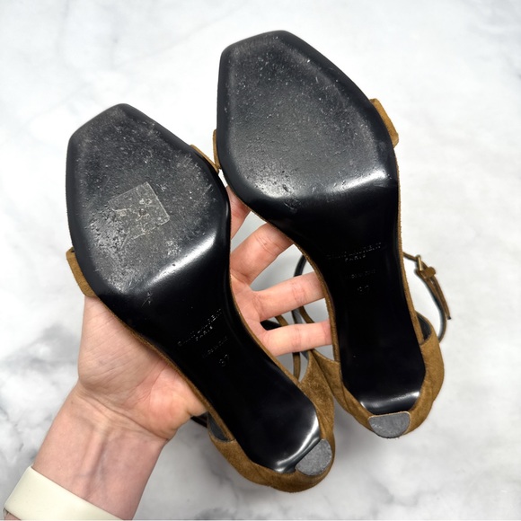 Saint Laurent Bea Bow Suede Square Toe Ankle Wrap Strap Sandal Heels Brown 37 - Picture 10 of 15